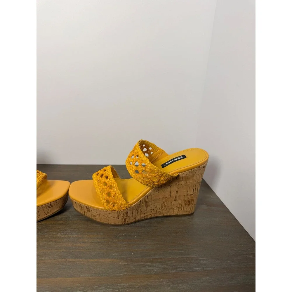 Nine West Kalani‎ Yellow Woven Cork Platform Wedge Sandals Size 8.5 New